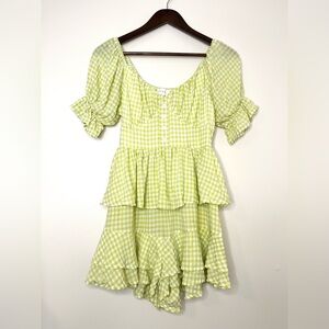 MABLE | NWOT Lime Green & White Checkered‎ Flowy Tiered Shorts Romper | S